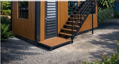 Conteneur à bardage bois avec escalier métallique et deck d'entrée